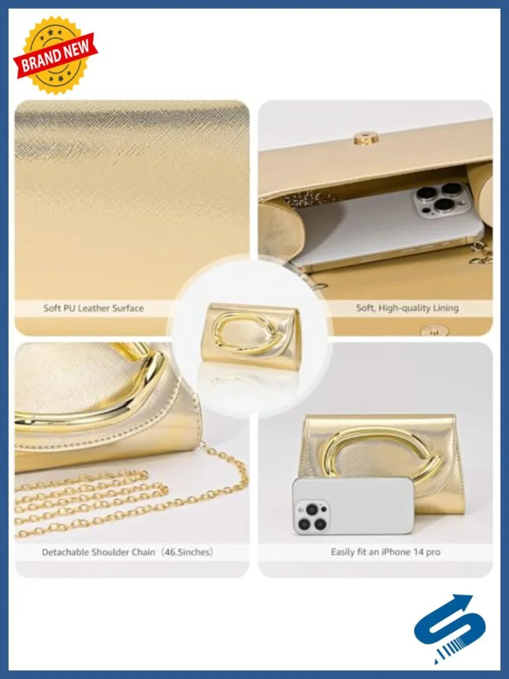 Elegant Gold Clutch Purse with Chain - Women's Formal Evening Bag Magnetic Flap